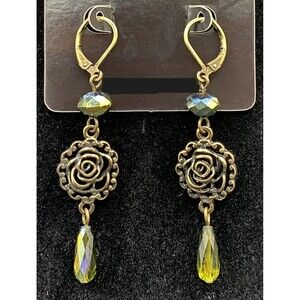 Handmade Cutout Rose & Iridescent AB Green Crystal Bead Earrings by Neanie-Bot
